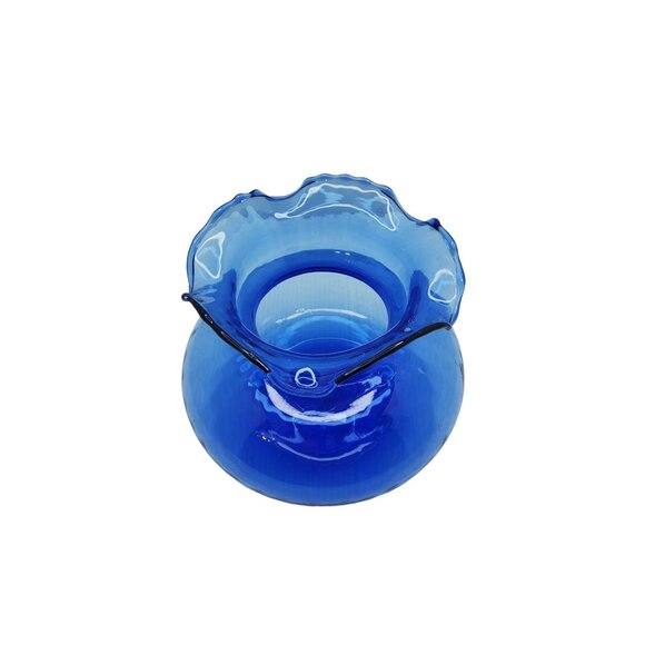 Vintage Cobalt Blue Ruffle Edge Top Globe Style Vase - Picture 11 of 13